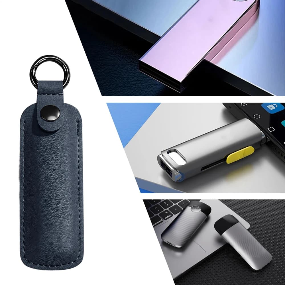Custodia Protettiva in Pelle PU per Chiavetta USB, Anti-Smarrimento, da Viaggio, Portatile, con Portachiavi