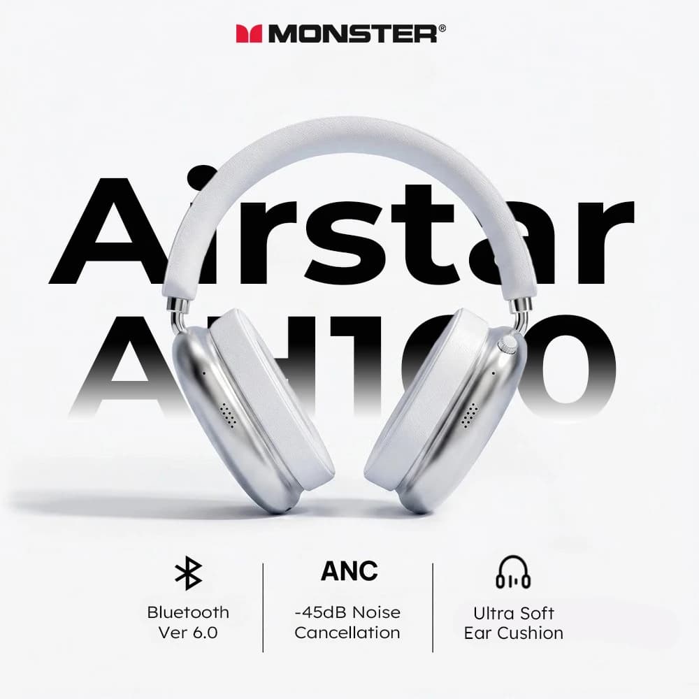 Cuffie Over-Ear Monster AH100 ANC Bluetooth 6.0 - Cancellazione Attiva del Rumore -45dB, Auricolari HiFi Stereo Wireless/Cablati