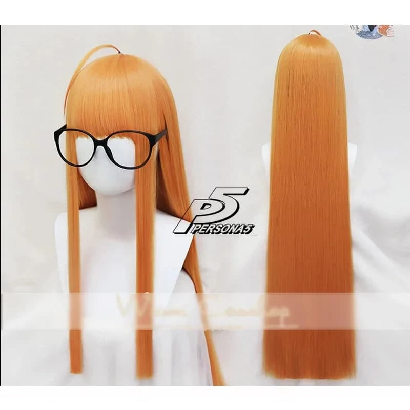 2026 Persona5 Futaba Sakura cosplay wig 100cm long straight citrus orange heat resistant costume wigs glasses wig PCMF0