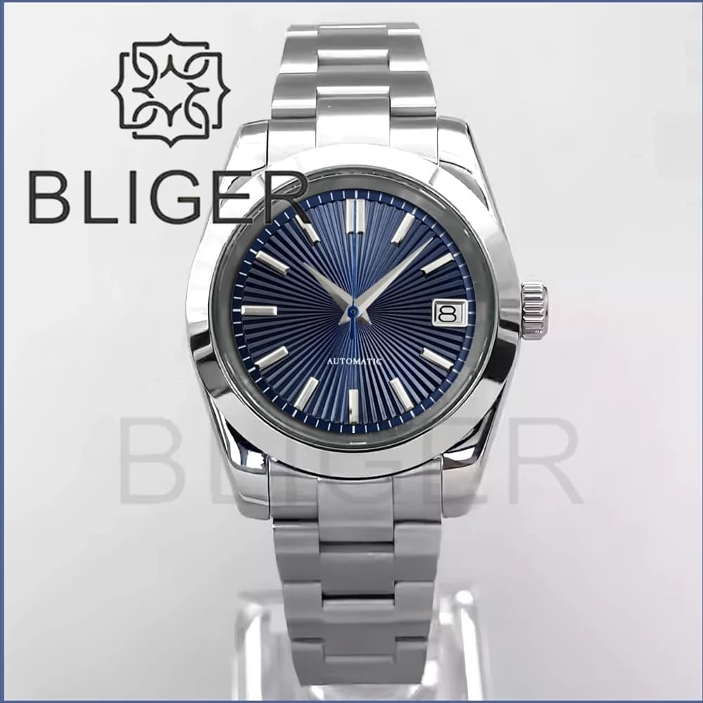 BLIGER 36mm39mm Orologi meccanici da uomo Quadrante con texture blu scuro Orologio da uomo in acciaio inossidabile pieghettato Vetro zaffiro impermeabile
