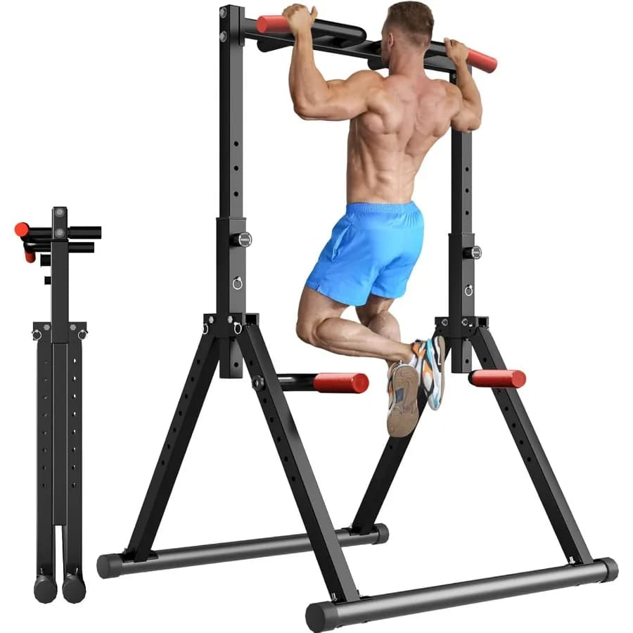 Power Tower Pull Up Dip Station Folding Station Pull Up Bar Multifunctional Station Adjustable for Home Gym Strength Training Fitness Equipment