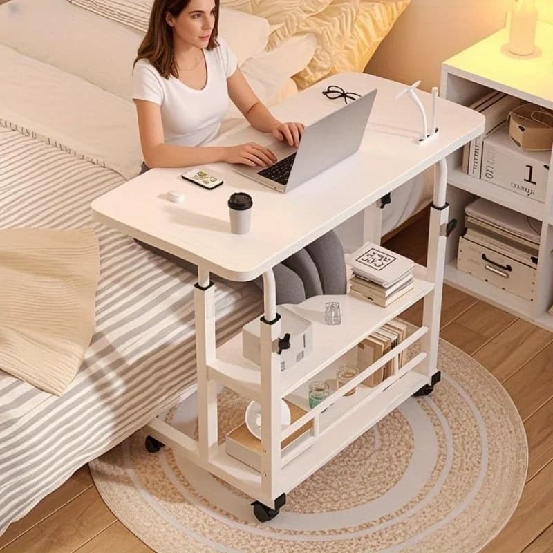 Multifunctional Folding Table with Wheels, Height Adjustable and Storage Shelf - Suitable for Bedroom, Living Room