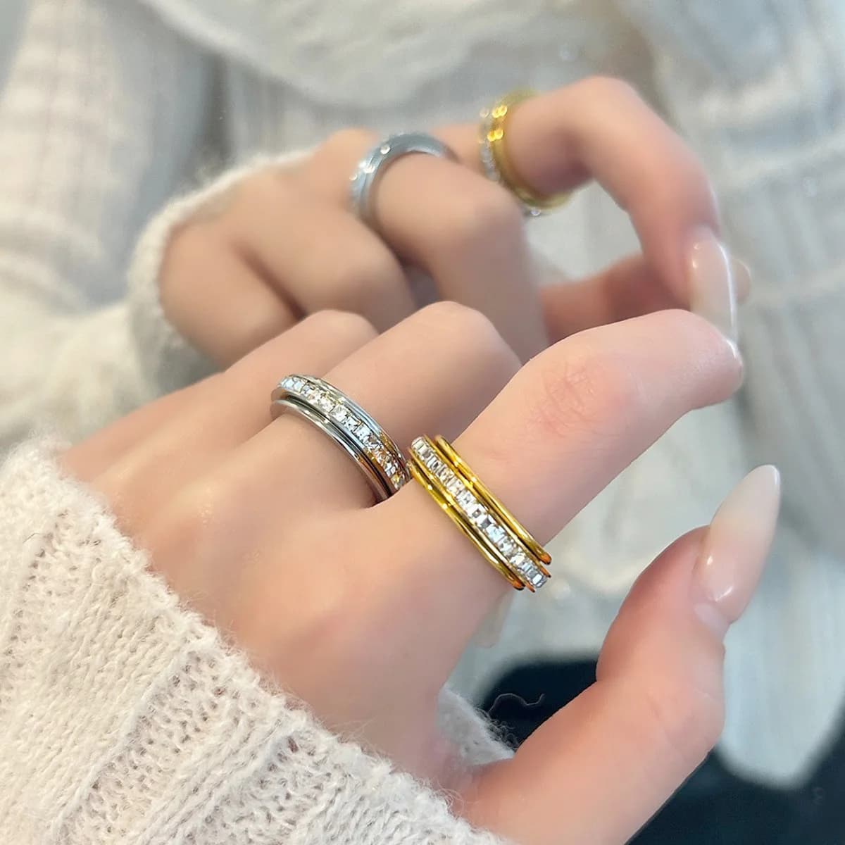 Rotatable Rhinestone Stackable Ring Trendy INS Finger Jewelry Gift for Women Girlfriend Daily Party Wear