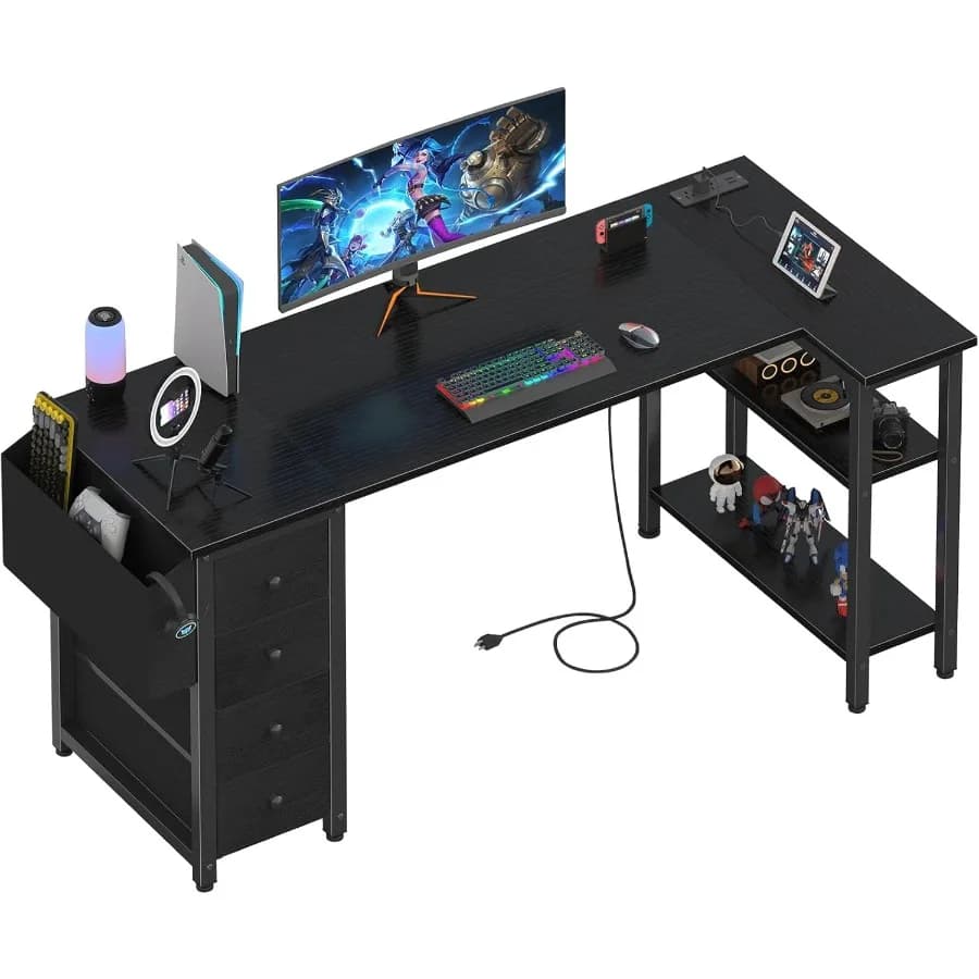 Scrivania da gioco a forma di L con cassetti, ripiani portaoggetti, scrivania angolare per computer da 63 pollici con presa di corrente per la camera da letto dell'ufficio domestico a forma di L