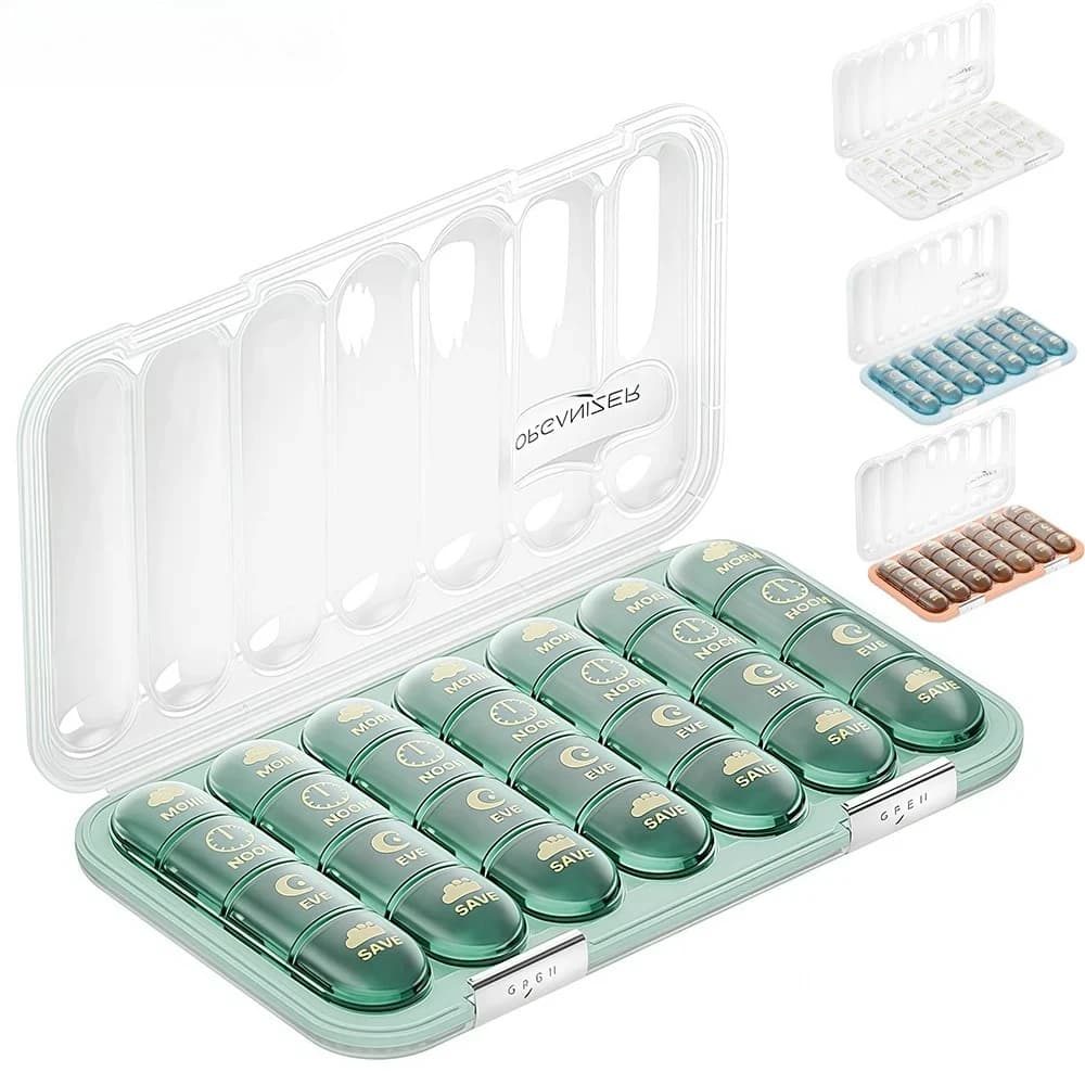 Pill Box Organizer 3/4 Times-a-Day, Pill Cases with 21/28 Compartments for Vitamins, Supplements, Medication,Travel 1PCS Weekly