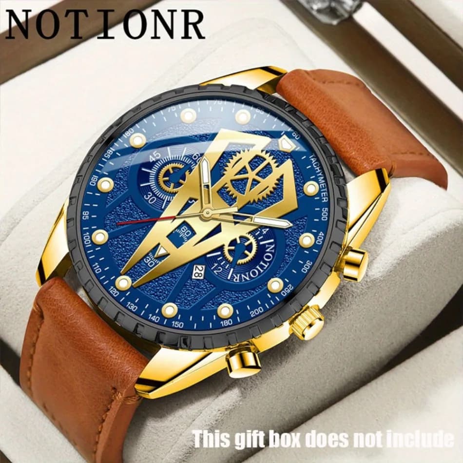 NOTIONR Orologi da calendario al quarzo con quadrante dorato e blu alla moda da uomo d'affari, orologio da polso sportivo da uomo in pelle PU marrone di lusso
