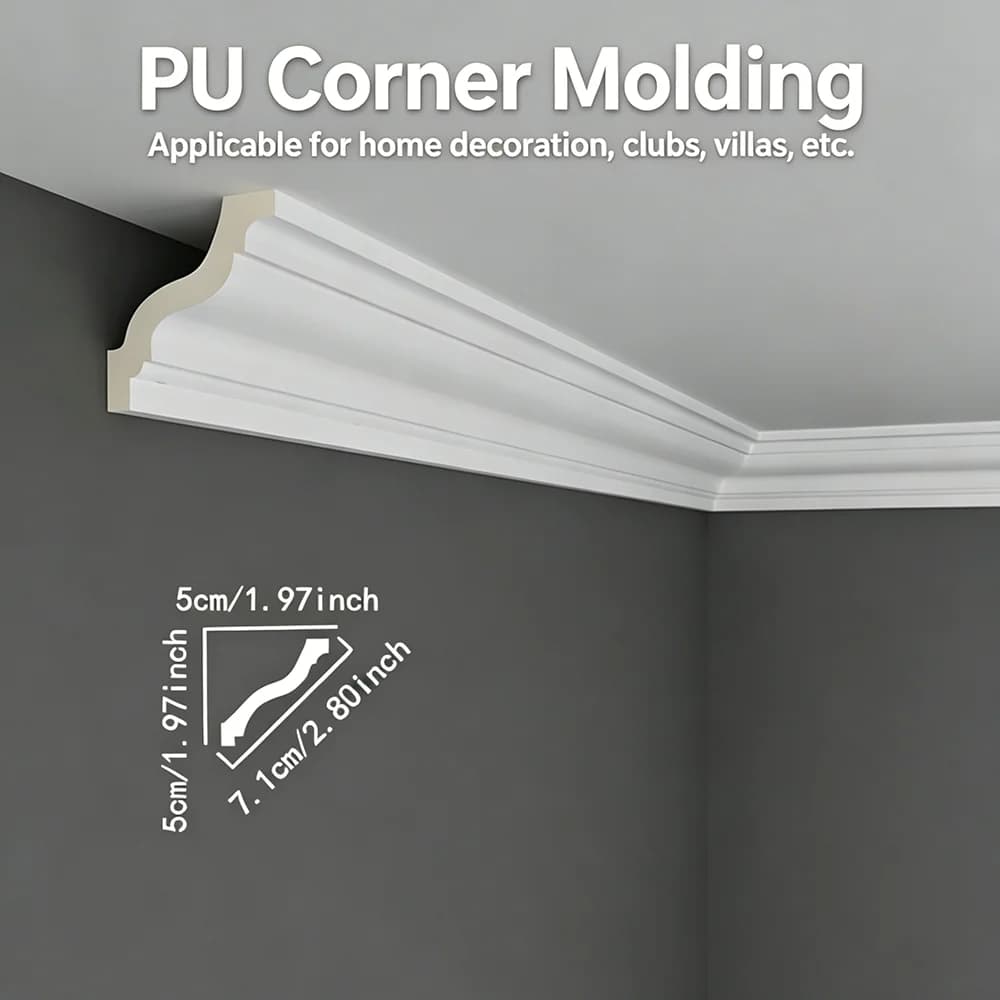 6Pcs Light‑Weight PU Crown Cornice Molding, Faux Gypsum Ceiling Corner Trim