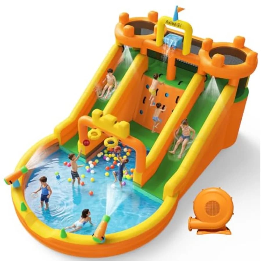 Scivolo d'Acqua Gonfiabile 10 in 1, Parco Acquatico Multifunzionale per Giardino con Doppio Scivolo, Parete da Arrampicata, 2 Canestri da Basket