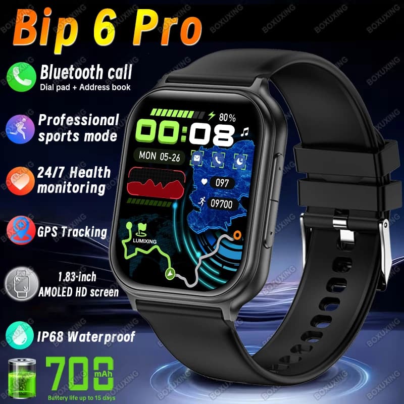 New Smartwatch Bip 6 Pro for Men and Women, Open Sports, Fitness, Waterproof IP68, Cardiac Frequency Monitoring, Sleep, GPS, Bluetooth Calls