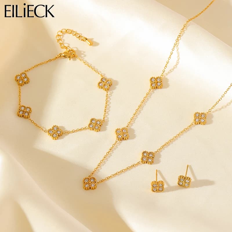 EILIECK 316L Stainless Steel Leaf Clover Zircon Necklace Earrings Bracelet Set For Women New Fashion Waterproof Jewellery Gift