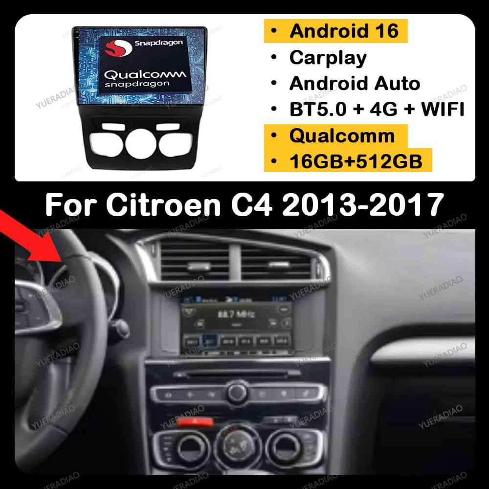 Android 16 Car Radio For Citroen C4 B7 C4L DS4 2013 2014 2015 2016 2017 QLED 4G WIFI 2DIN Qualcomm GPS NAVI BT Head Unit LTE 5G