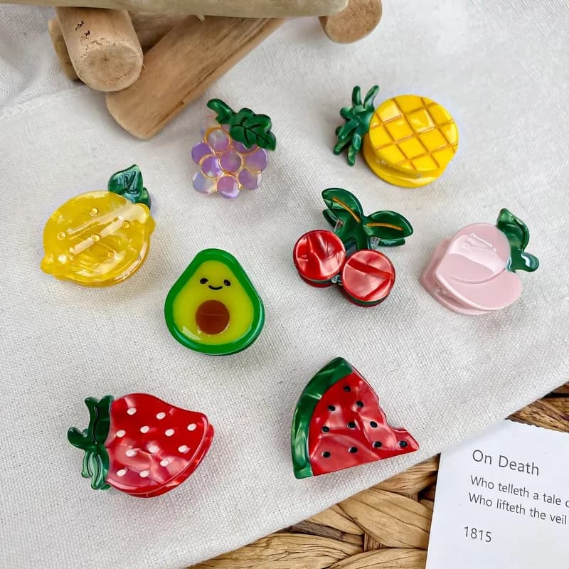 Mini Fruit Acetate Shark Hair Claw, Elegant Side Clip For Bangs & Stray Hair. Translucent Smooth Acetate With Cute Fruit Print