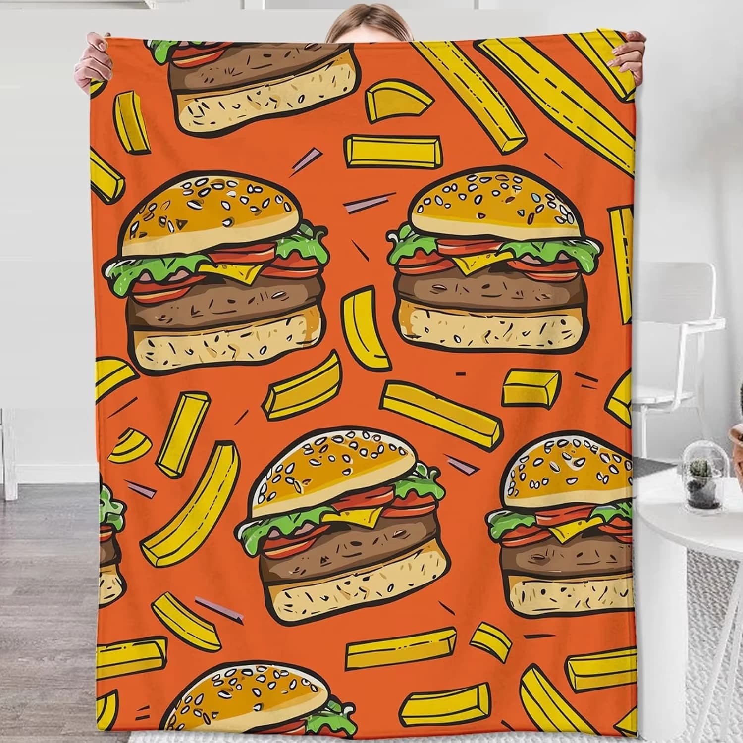 Cheese burger with cucumber pattern Flannel printed blanket suitable for all seasons suitable living room office sofa and travel