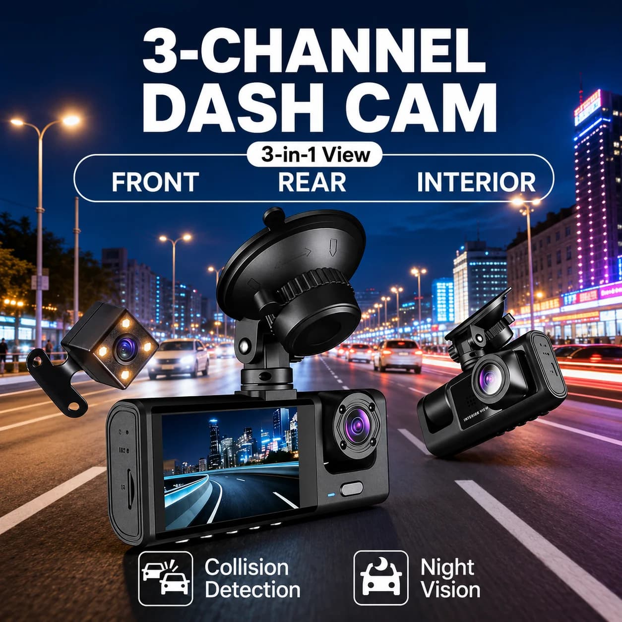 3-Way Triple Camera Car Driving Video Recorder | Wide Angle Full HD Vehicle DVR Dash Camera with Full Surround Road Monitoring