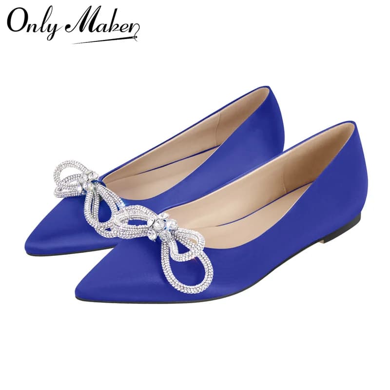 Onlymaker Scarpe basse da donna con punta a punta e strass blu con fiocco trasparente piatto quotidiano elegante scarpe slip-on da donna