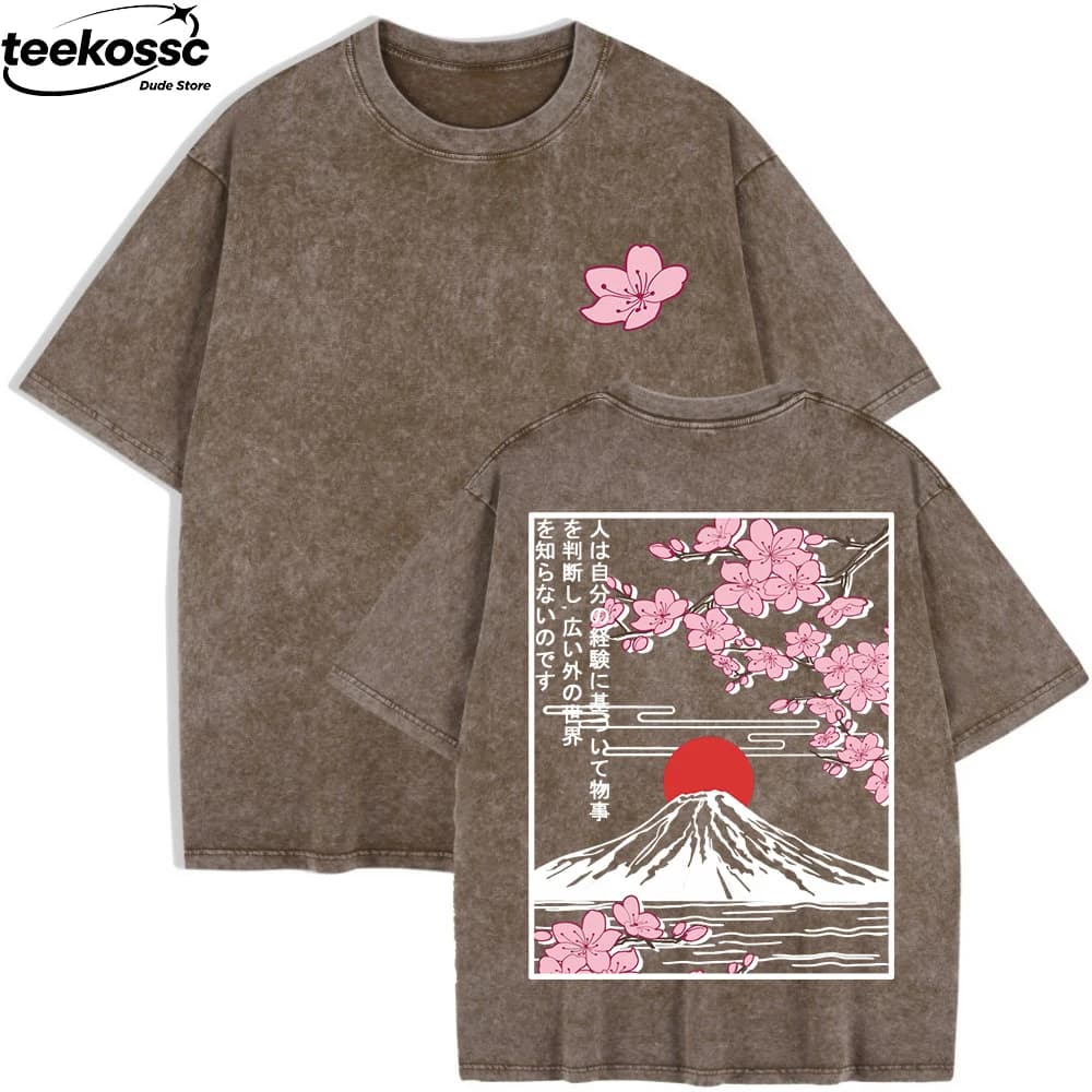Monte Fuji Cherry Blossoms Stampe T-shirt lavate Top da donna in cotone a maniche corte T-shirt oversize con o-collo estivo Abiti basic