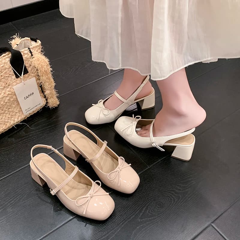 Summer fashion square-toe thick heel elegant Women's single shoes, new casual flat strap bow simple toe women's sandals 2026