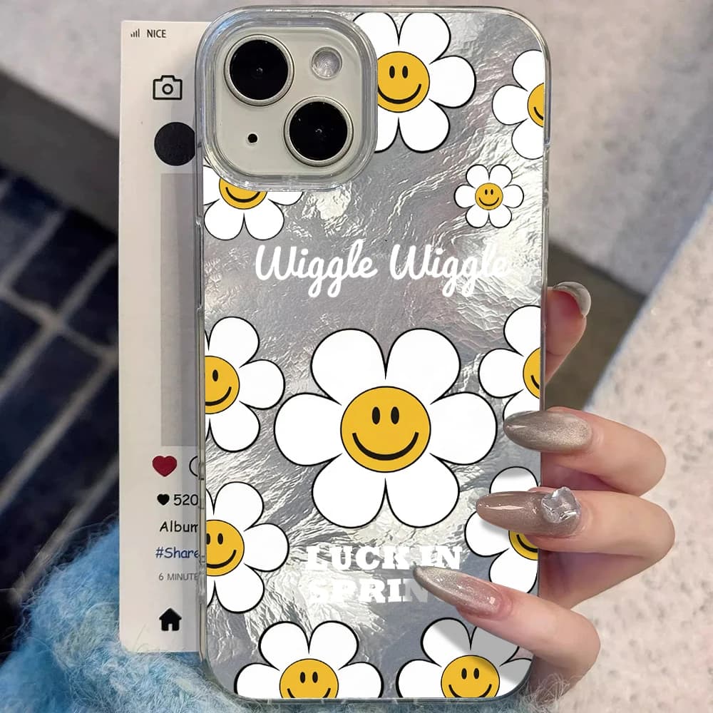Glacier texture Smiley Face Daisy Phone Case For iPhone 17 Pro Max 16 14 15 13 Pro Max 12 11 7 8 Plus XR X Shockproof Hard Cover