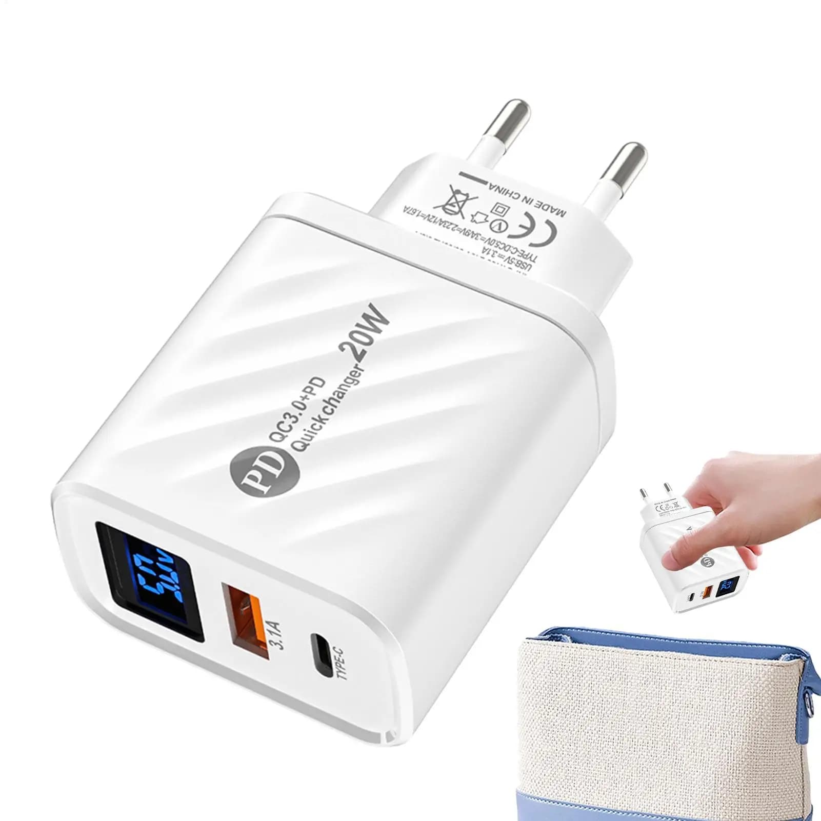 Caricatore USB da Muro Portatile a Doppia Porta, Adattatore da Viaggio con Ricarica Rapida PD, Blocco di Ricarica USB a Muro