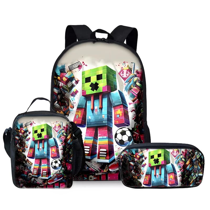 Set di Tre Zaini Personaggio del Gioco My World per Ragazzi e Ragazze, Migliori Regali, Zaino Scolastico 2D Piatto a Cartone Animato per Bambini