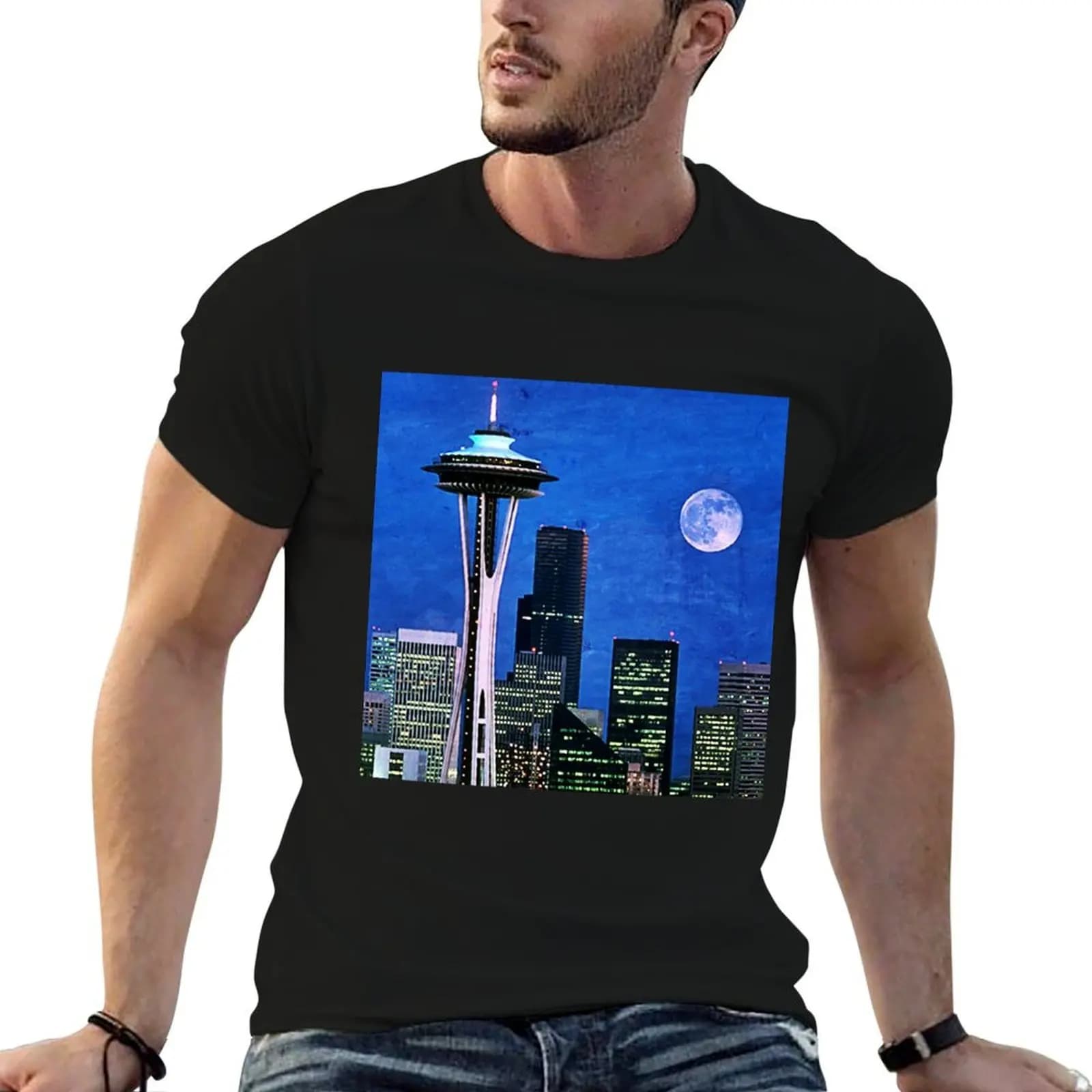 Blue Seattle Space Needle T-Shirt funny t shirts man essential t shirt man t shirt heavy cotton T-shirt