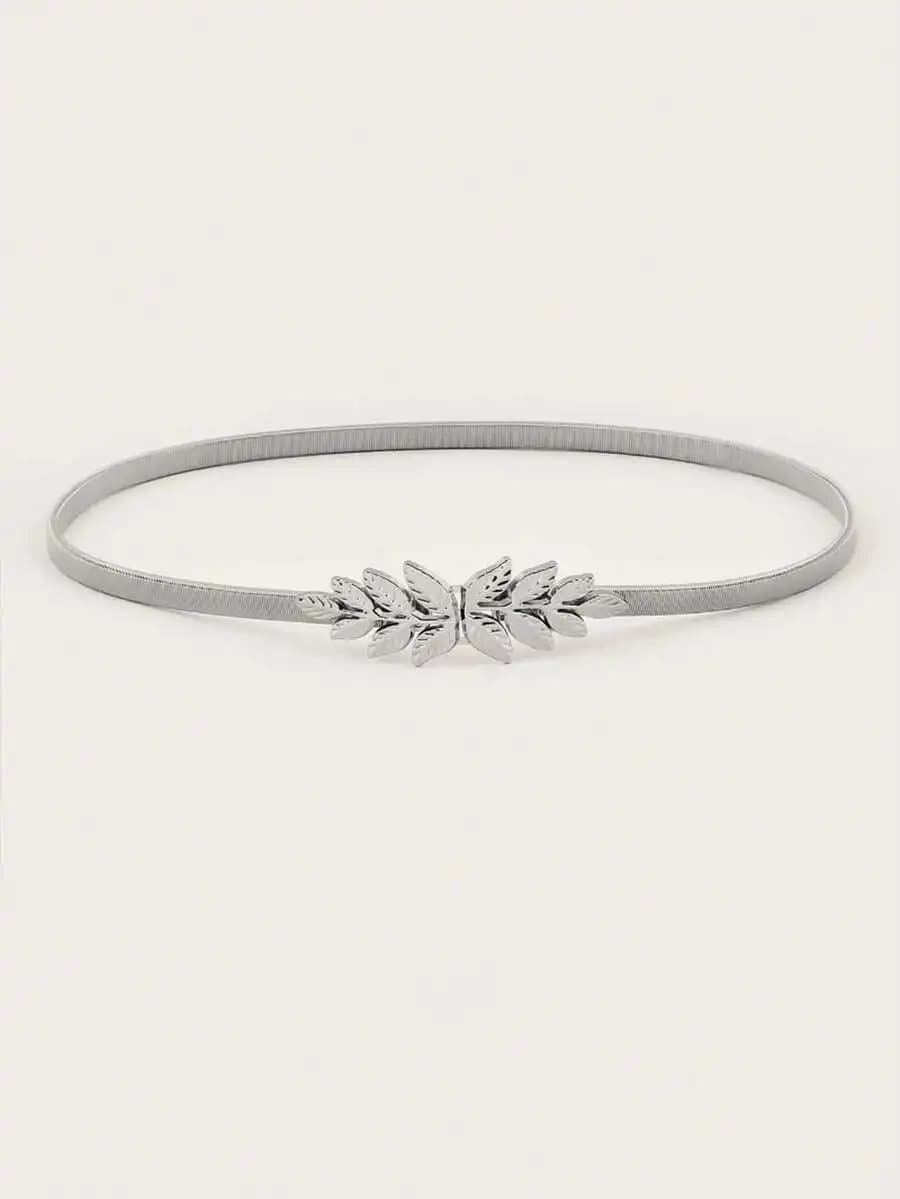 Ellevyn 1pc Women Silver Leaf Decor Elastic Waist Chain Belt, Elegant Versatile Accessory To Match Dresses, Skirts, Jackets For