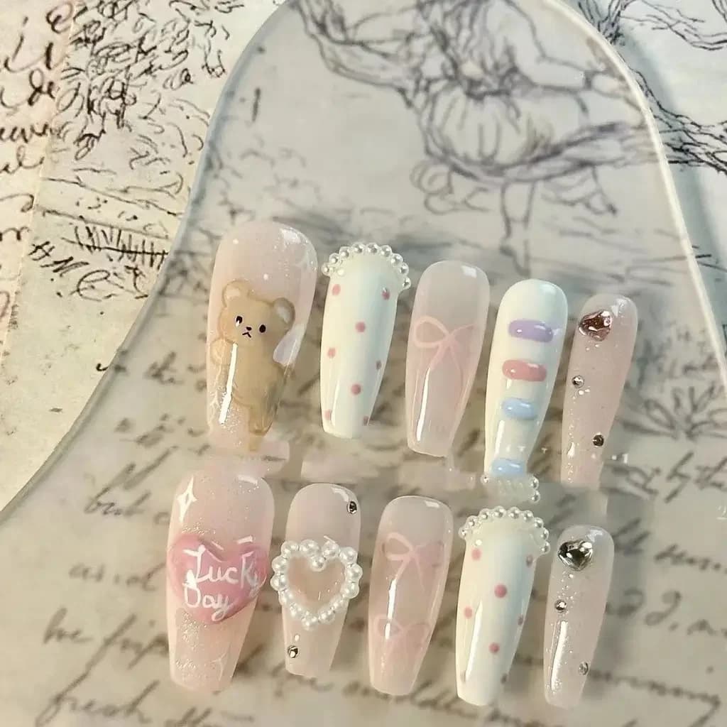 Summer Fresh Bear Cloud Bow Handmade Wear Nails Pearl Love Cute Nail Art Sweet Cartoon Removable Fake Nails 66