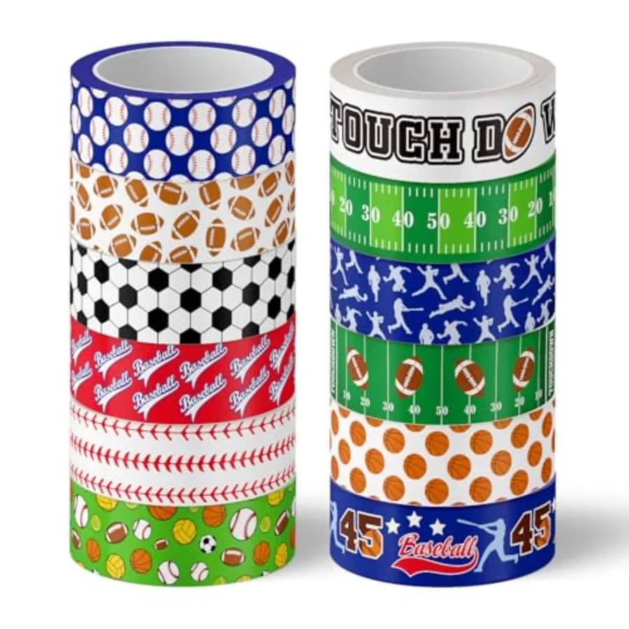12 Rolls Theme Washi Tape Sport Balls Masking Tape Assorted Masking Decorative Wrapping Paper Tapes for DIY Craft Scrapbook Env