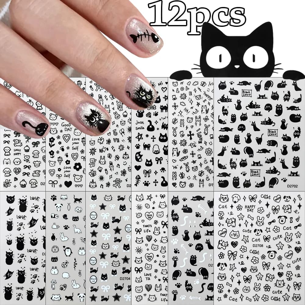 12 Sheets Cartoon Black Cat Nail Stickers Set Multiple Action Kawaii Pub Kit Nail Art Decalcomanie Wall decal Children Manicure Decoratio