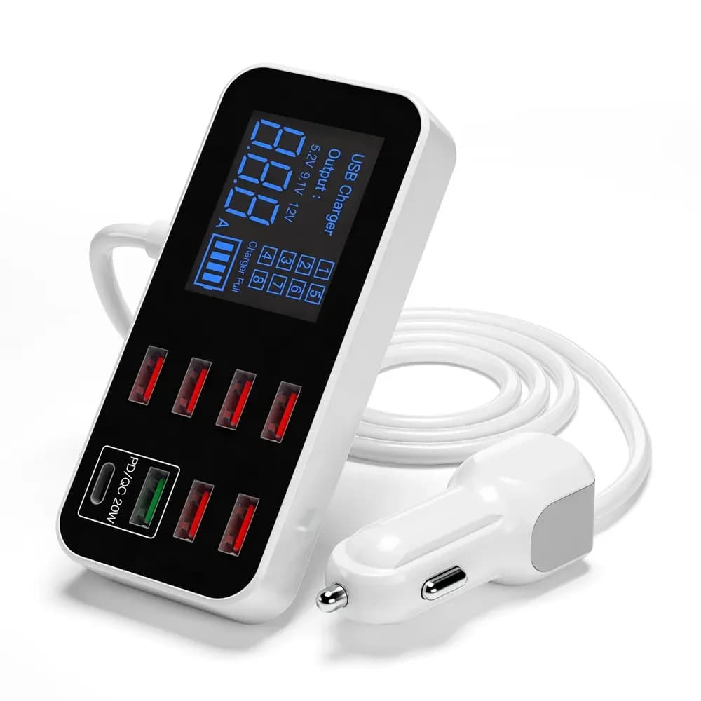Caricabatteria da auto USB accendisigari 8 porte presa splitter PD QC3.0 Display a LED Dock HUB stazione di ricarica rapida per iPhone 15 14