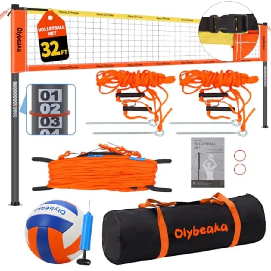 Set Rete da Pallavolo per Esterni con Pali Regolabili da 1,25 pollici, Rete in PE a 28 fili Anti-Cedimento, Pallone da Pallavolo in PU e Pompa Inclusa
