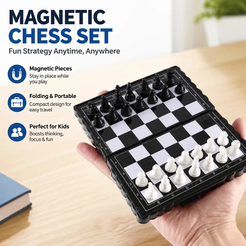 Magnetic Chess Set, Folding Mini Plastic Chessboard, Portable Board Game for Kids, Travel Toy