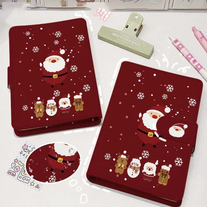 Cute Santa Claus Christmas Loose Leaf Binder Notebook Detachable PU Cover Journal for Student Scrapbook Planner Xmas Stationery