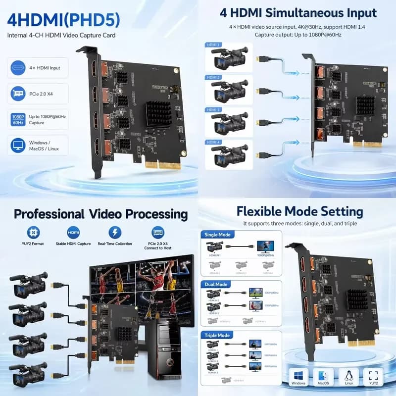 AP01 for PCIe X4 4CH Capture Card 4K30 HDMI1.4 YUY2 Multi Mode Internal PCI Video Capture Card