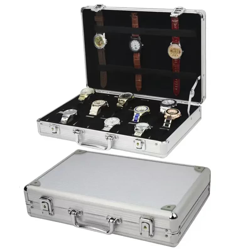 Pratica Scatola in Alluminio per Orologi con 12 Scomparti, Espositore per Gioielli e Orologi, Custodia Quadrata con Interno in Camoscio, Porta Orologi Rettangolare