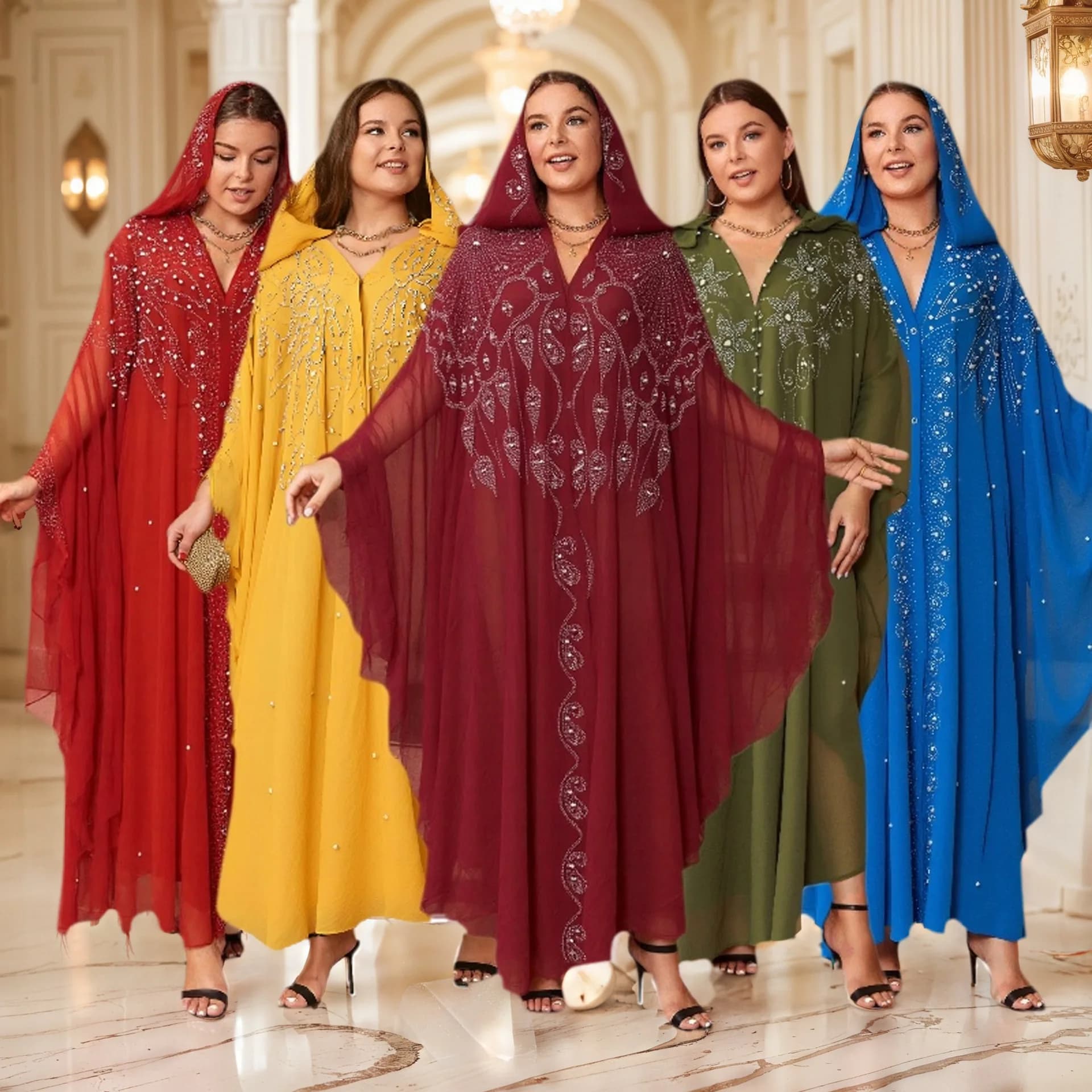 Abito lungo da donna estivo in Medio Oriente Africa con cappuccio e scialle musulmano in poliestere con strass stampati a caldo