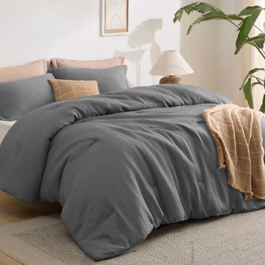 Set Copripiumino Waffle Morbido e Traspirante Grigio Scuro, Set Biancheria da Letto 3 Pezzi: 1 Copripiumino Waffle 90"x90" e 2 Federe