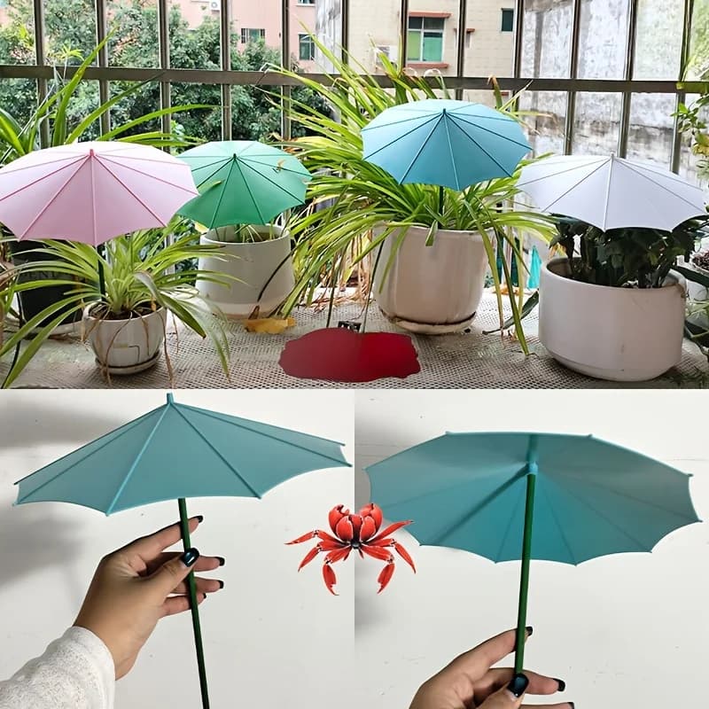 3 garden spike parasols shield plants from sun & heat. For pots, planters & veggie gardens. UV protection, heat insulation