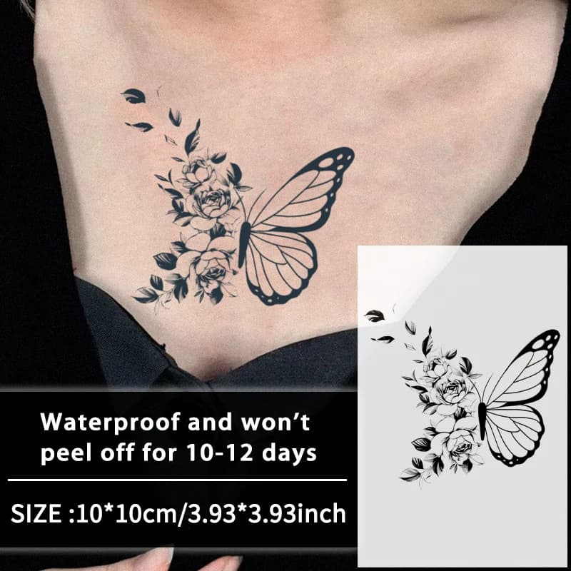 Farfalla e fiore, adesivi per tatuaggi temporanei impermeabili da 1 pezzo, impermeabili a lunga durata per uno a due settimane, per braccio, gamba.