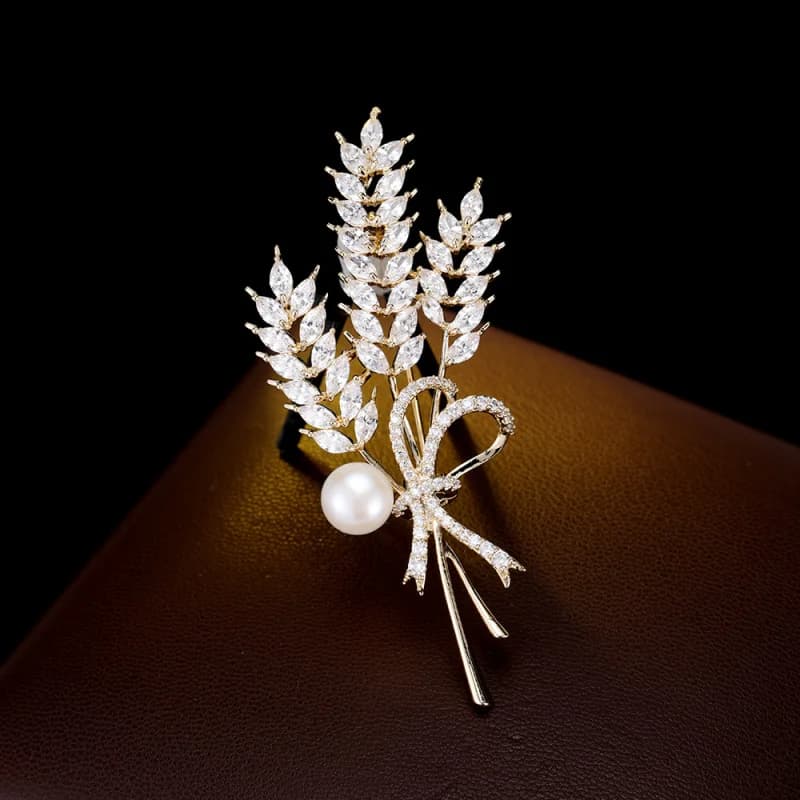 Spilla a punta di grano con perla d'acqua dolce naturale di fascia alta Spilla con zirconi di lusso Accessorio per spilla cardigan con giacca squisita