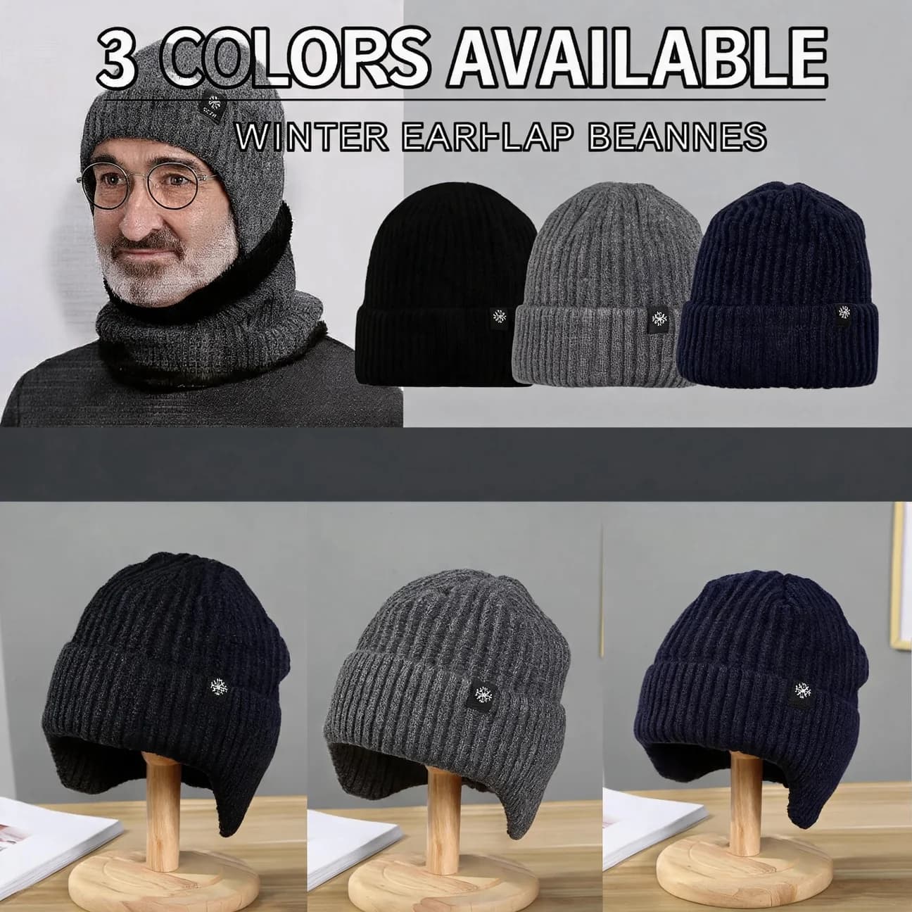 Plush Warmth Winter Men Knitted Hat Peaked Cap Outdoor Earmuff Casual Fashion Faux Fur Lined Hooded Hats Cycling Ear Protection