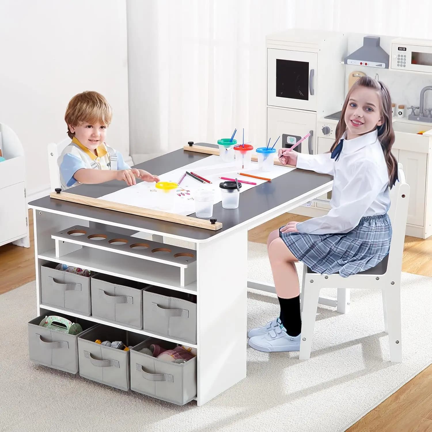 Set Tavolo e Sedia per Bambini, Scrivania per Disegno e Artigianato, Organizzatore Portatile, Mobili in Legno per Studio