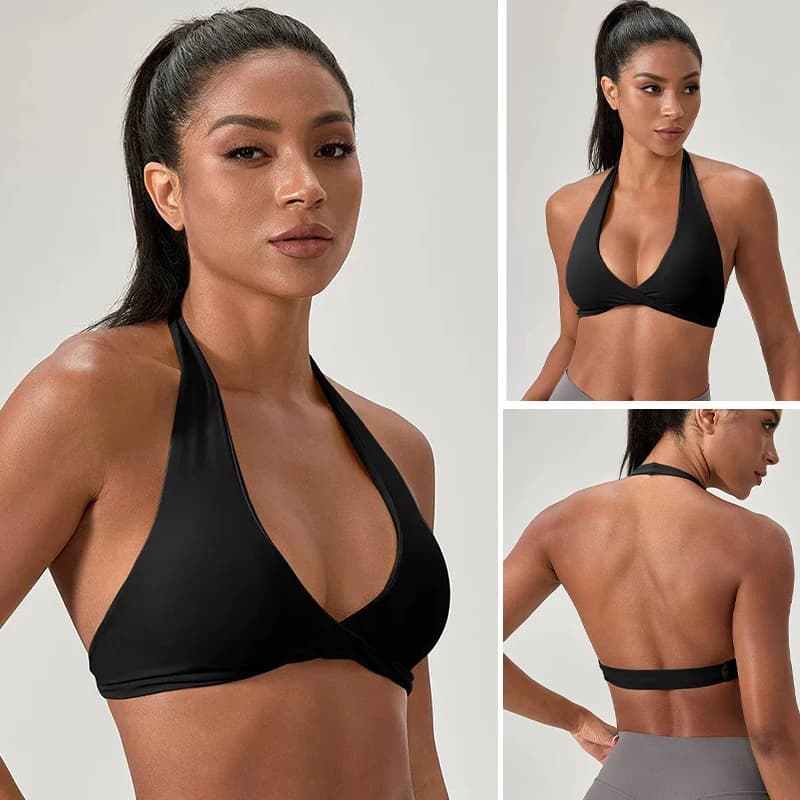Women's Halter Strappy Back Push Up Sports Bra for Pilates Yoga Gym Running Training