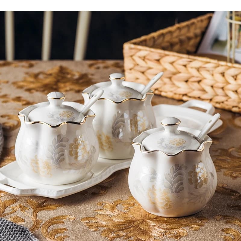 Set di Barattoli in Ceramica per Condimenti con Vassoio, Contenitori per Sale, Zucchero, Pepe, Spezie e Bacchette, Accessori per Cucina