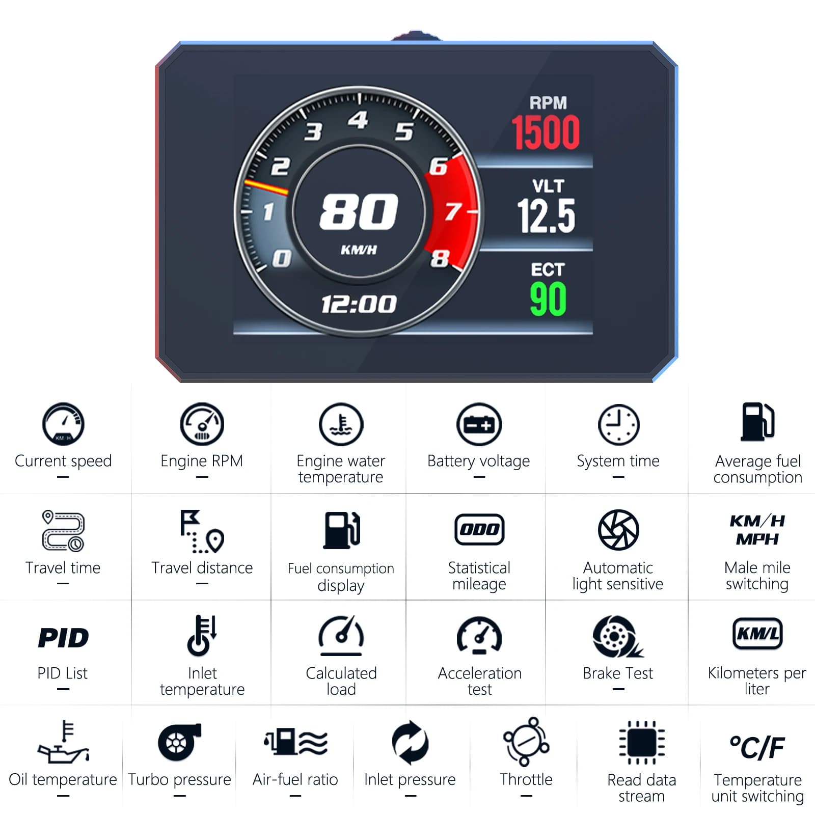 OBDII Misuratore digitale intelligente P16 Head Up Cruscotto Display totale del chilometraggio Tachimetro digitale Temperatura dell'acqua volt HUD multiplo