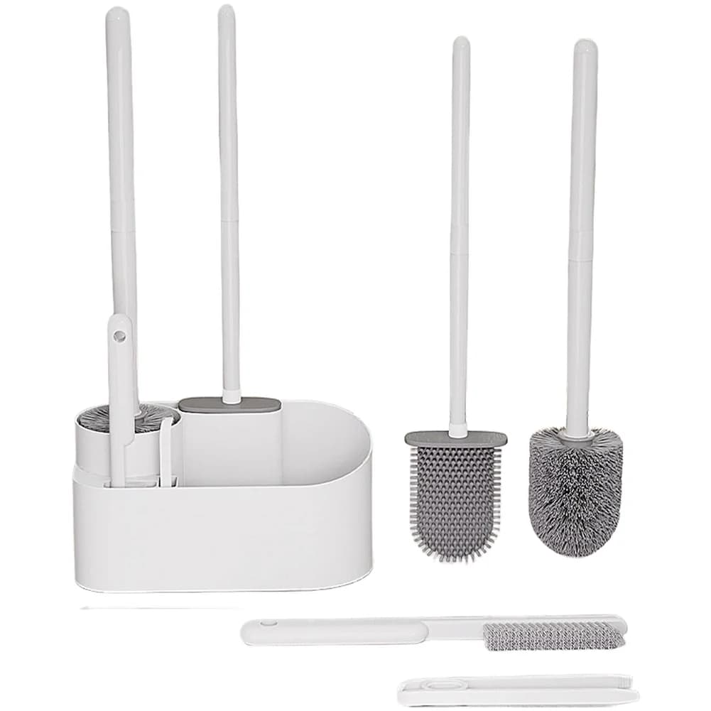 Set Spazzola per WC 4 in 1 con Design da Parete, Include Spazzola in Silicone, Strumento per Fessure e Fermacapelli per Bagno Moderno