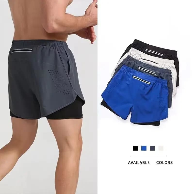 Pantaloncini da corsa professionali da uomo, set in due pezzi, leggeri, ad asciugatura rapida, traspiranti, riflettenti, abbigliamento sportivo per il fitness, tra