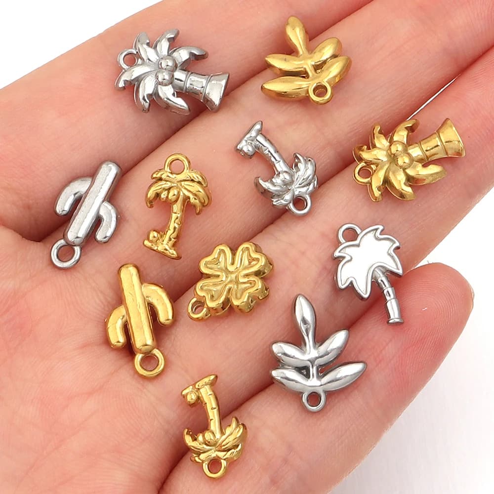 5 pendenti in acciaio inossidabile con piante, albero di cocco, quadrifoglio, cactus, per la creazione di gioielli, collana fai da te, braccialetto, portachiavi