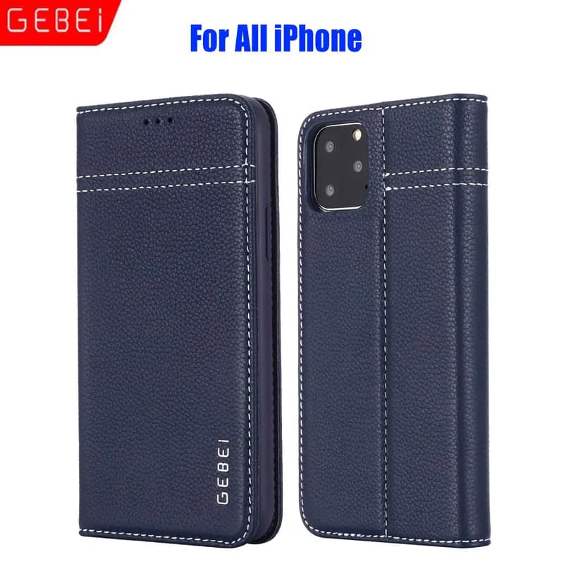 Luxury Brand GEBEI Genuine Leather Flip Unique Magnet Design Stand Case Cover For iPhone 15 14 13 12 Pro Max 11 Xs 8 7 Plus