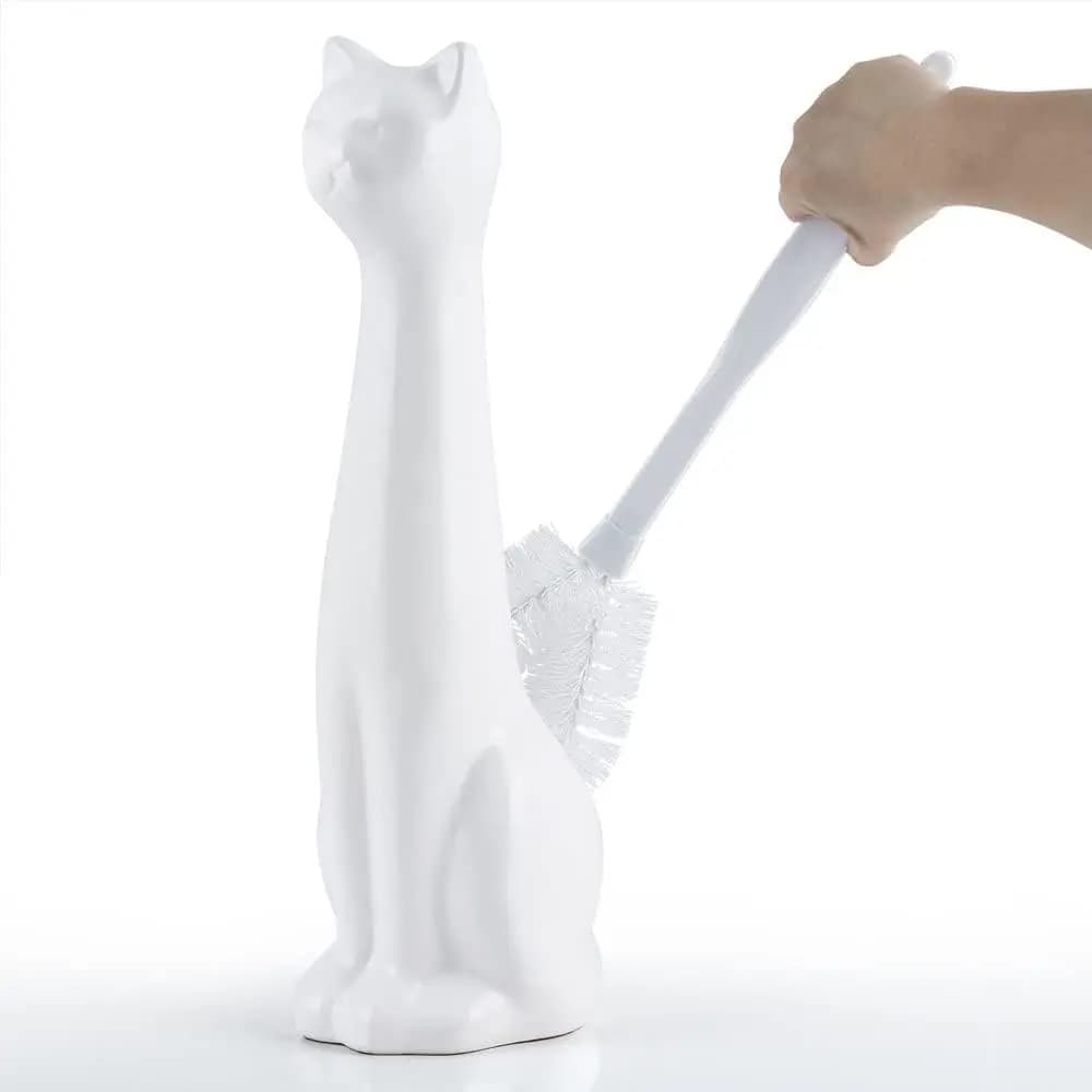 Set Portascopino e Scopino per WC, in Ceramica Bianca a Tema Gatto con Vano Nascosto, Decorazione Bagno Originale